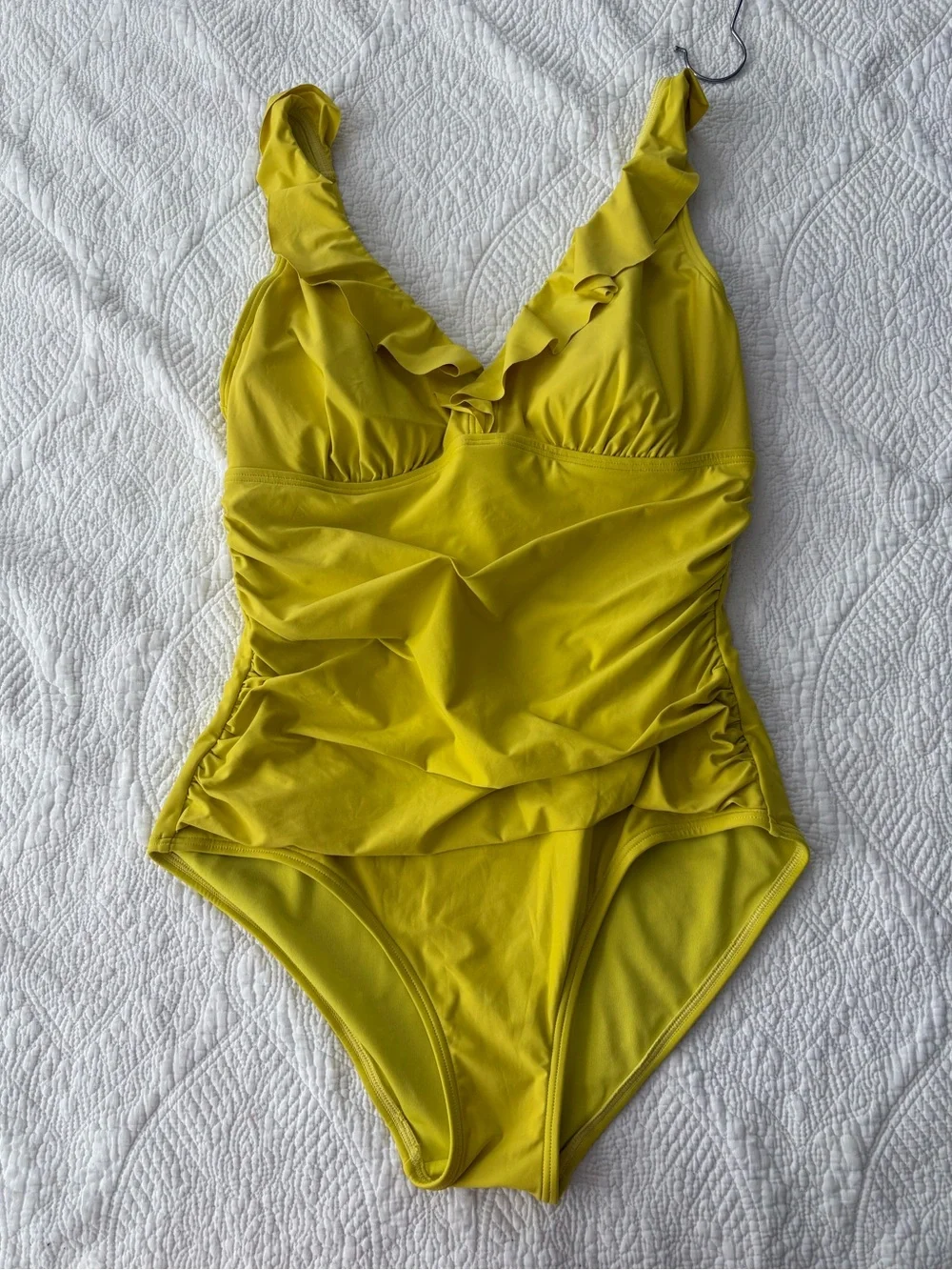 DKNY Ruffle Plunge Underwire Tummy Control Swimsuit. Bright Yellow size Large